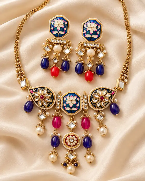 Blue Lotus Enamel Necklace Set
