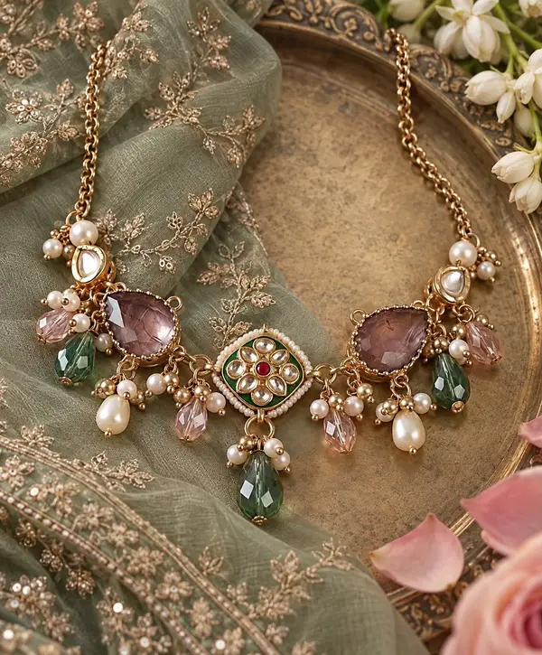 Mauve Green Enamel Necklace Set