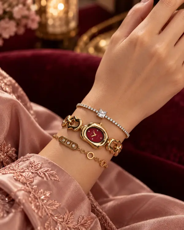 Crimson Blossom Link Watch Set