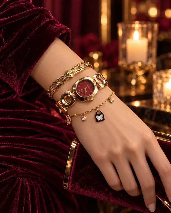 Maroon Charm Watch Set
